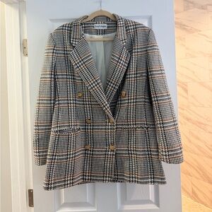 Norton McNaughton Black, White & Tan Checked Double-Breasted Blazer